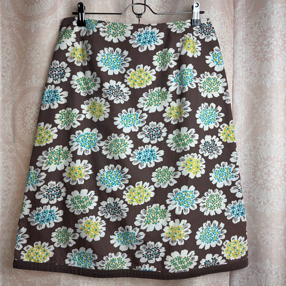 Boden Y2K Blue Green Retro Floral Print Brown Midi Skirt 100% Cotton Sz 12 Long